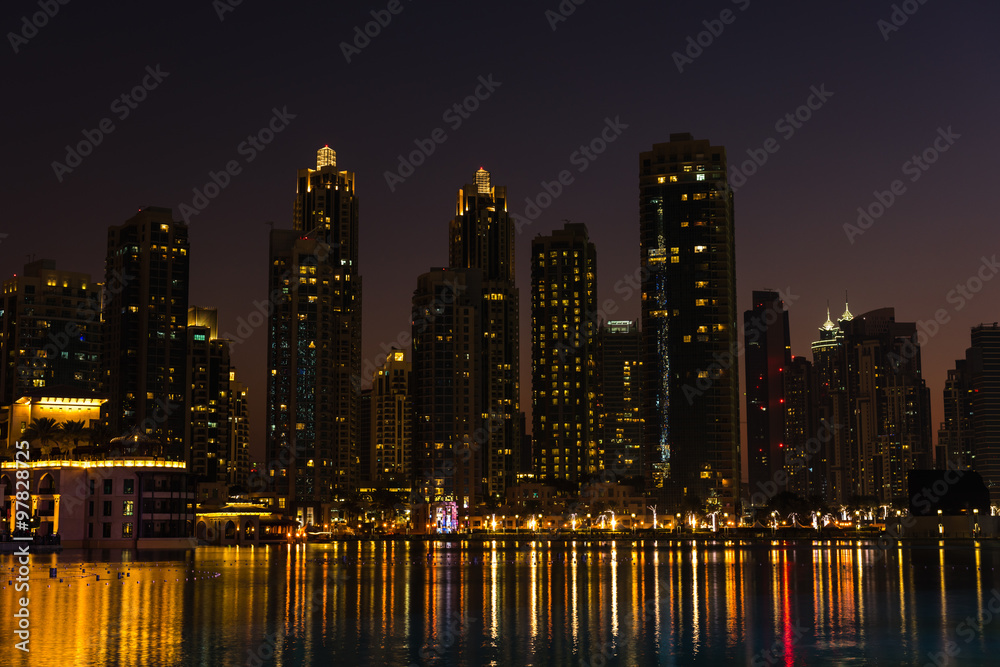 Night cityscape of Dubai city, United Arab Emirates