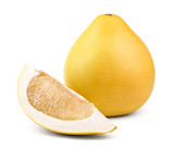 Ripe pear-shaped fruit pomelo and a slice of pomelo isolated on white background.