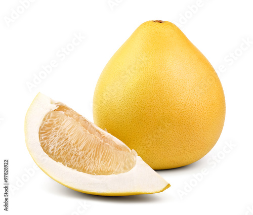 Ripe pear-shaped fruit pomelo and a slice of pomelo isolated on white background.