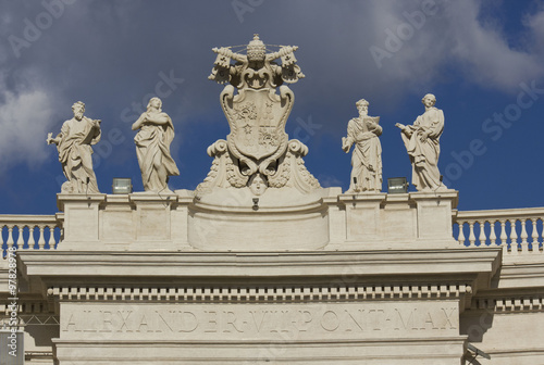 Architectural close up of Alexander VII monument on the top of St.Peters Basilica in Rome, Italy