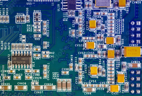 Printed computer motherboard with microcircuit, close up