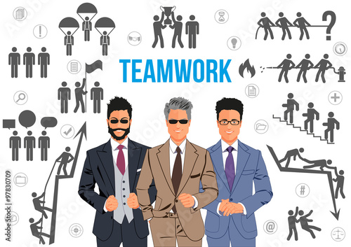 Teamwork design concept - team of business professionals working together and helping each other in times of prosperity or crisis. Together they are able to achieve more ambitious goals