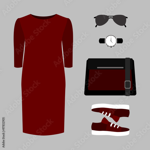 Set of trendy women's clothes. Outfit of woman dress and accessories. Women's wardrobe. Vector illustration