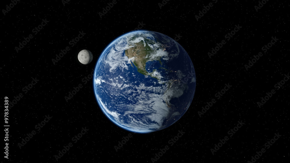 Earth zoom out from street level through the layer of clouds to outer space. North America. 4K