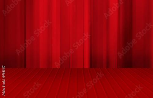 Wooden red floor stage and a red curtain in the background