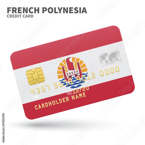 Credit card with French Polynesia flag background for bank, presentations and business. Isolated on white