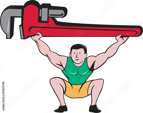 Plumber Weightlifter Lifting Monkey Wrench Cartoon