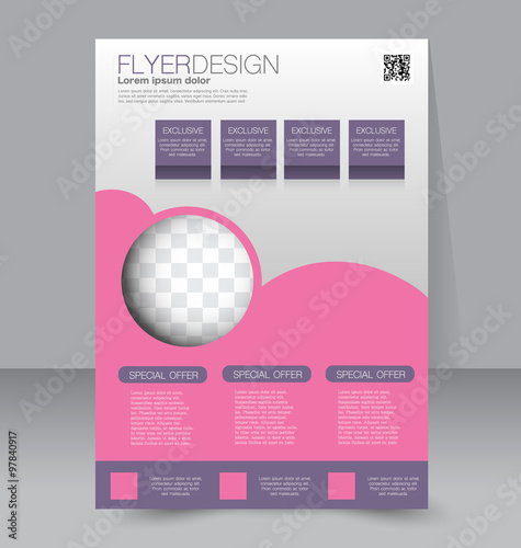 Flyer template. Business brochure. Editable A4 poster for design, education, presentation, website, magazine cover. Purple and pink color.