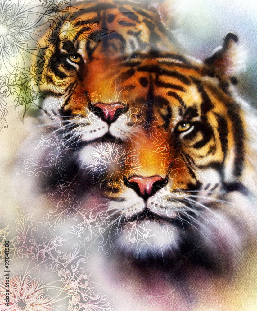 Obraz premium tiger collage on color abstract background and mandala with ornamet , wildlife animals.