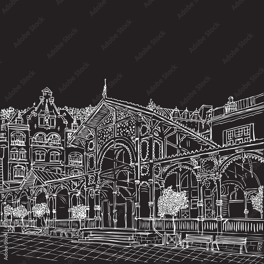 Fototapeta premium Karlovy Vary, Carlsbad, the famous spa city, Czech Republic, vector sketch hand drawn collection, world known for its mineral springs and resort.