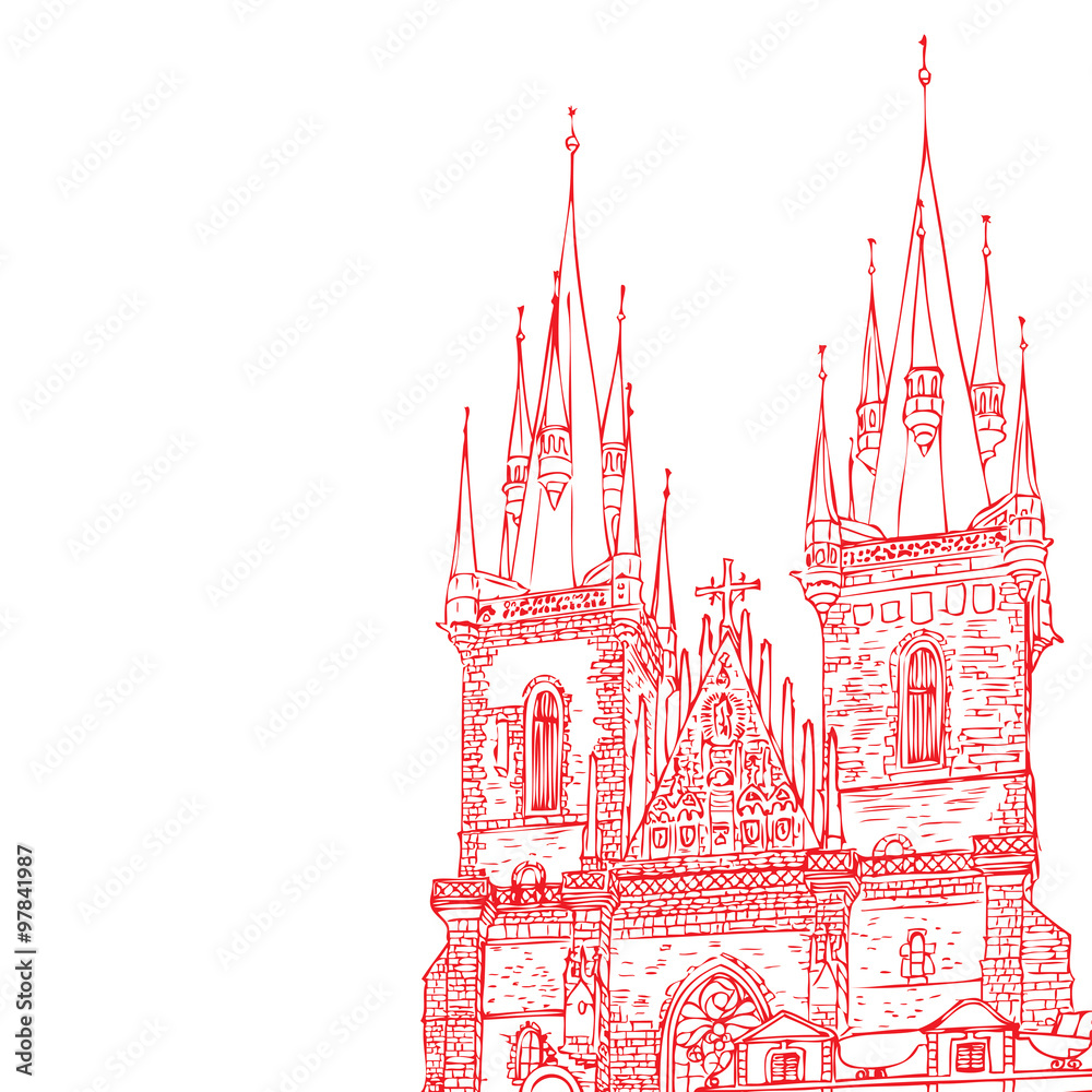 Prague town, Czech Republic. Church of Mother of God before Týn, Old Town Square in European city, black & white vector sketch hand drawn collection