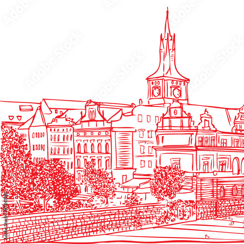 Prague, Czech Republic. View from Karlov bridge. Old Town Bridge Tower in European city, black & white vector sketch hand drawn collection.