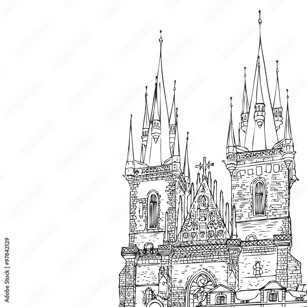 Prague town, Czech Republic. Church of Mother of God before Týn, Old Town Square in European city, black & white vector sketch hand drawn collection.