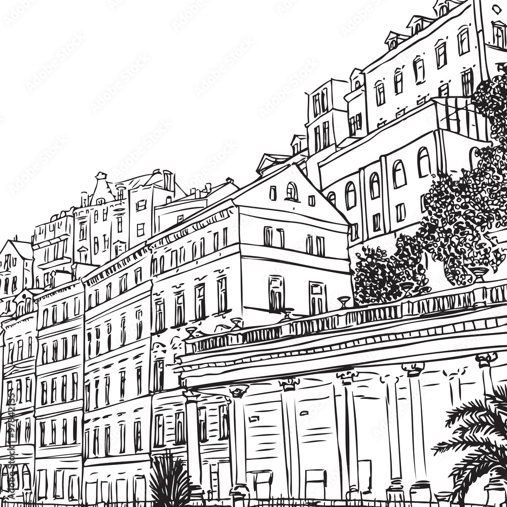 The Mill Colonnade with hotel, the biggest colonnade in Karlovy Vary, Czech Republic. Vector sketch hand drawn collection.