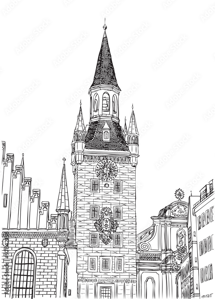 Old Town Hall, Munich, Bavaria, Germany, European city, vector sketch hand drawn collection