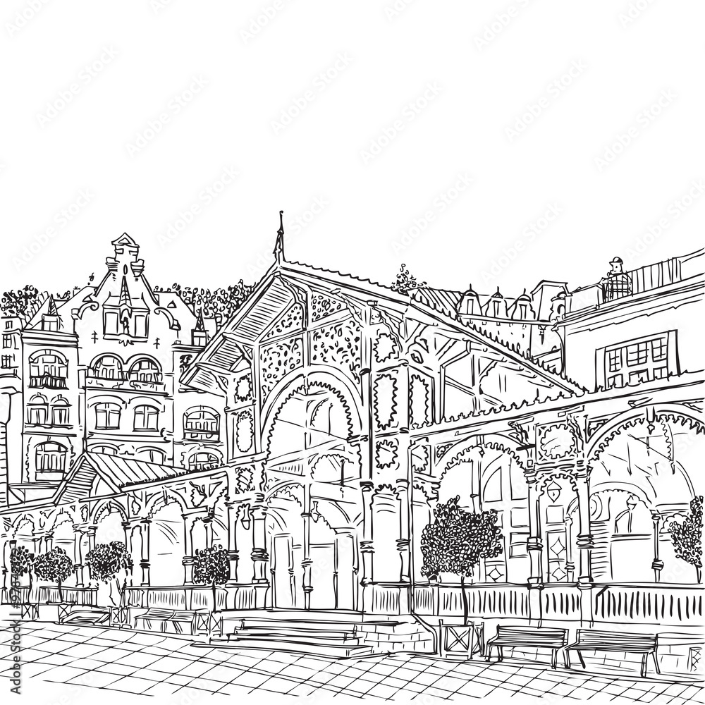 Karlovy Vary, Carlsbad, the famous spa city, Czech Republic, vector sketch hand drawn collection, world known for its mineral springs and resort.