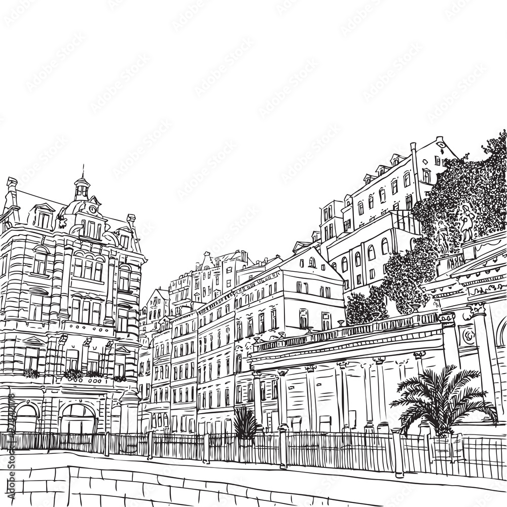The Mill Colonnade with hotel, the biggest colonnade in Karlovy Vary, Czech Republic. Vector sketch hand drawn collection.