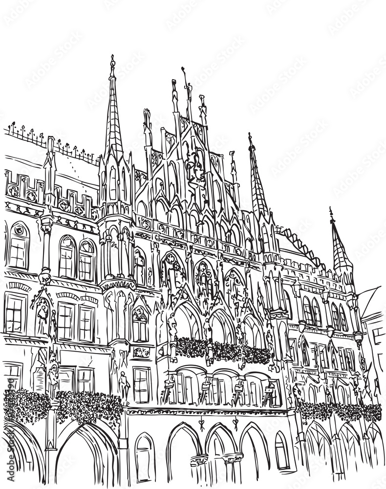 Munich Town Hall, Munich, Bavaria, capital of Germany, European city, vector sketch hand drawn collection, drawing, scribble.
