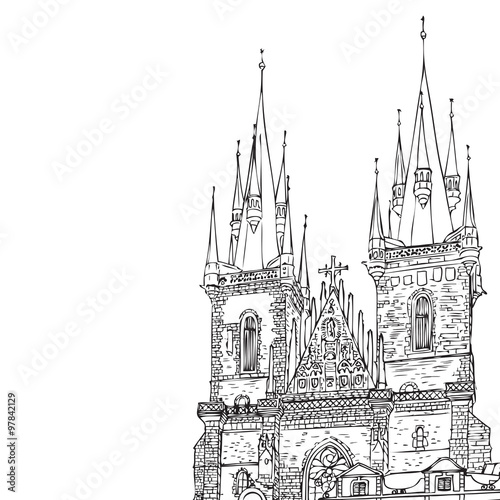Prague town, Czech Republic. Church of Mother of God before Týn, Old Town Square in European city, black & white vector sketch hand drawn collection.
