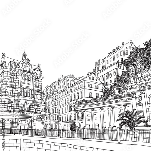 The Mill Colonnade with hotel, the biggest colonnade in Karlovy Vary, Czech Republic. Vector sketch hand drawn collection.