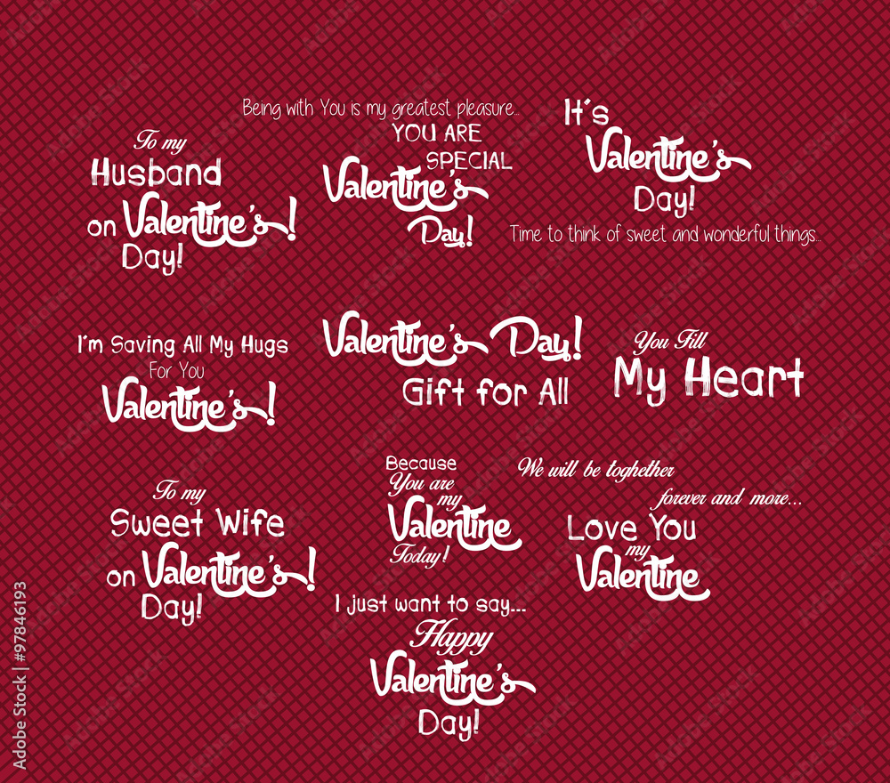 Set Of Happy Valentine's Day Hand Lettering - Typographical Background With Ornaments, Hearts, Ribbon Set Of Happy Valentine's Day Hand Lettering - Typographical Background With Ornaments, Hearts, Ribbon