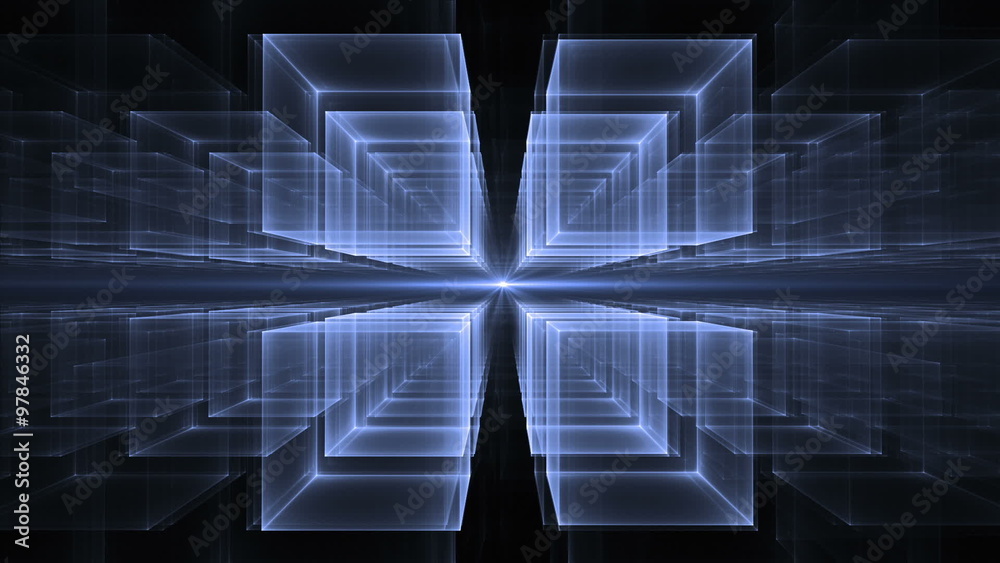Dynamic blue  translucent cubes rotating in space on black background stretching off to infinity , fantasy geometrical horizon, abstract illustration, animation, seamless loop 