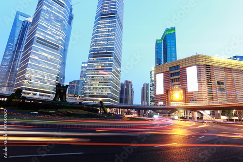 light trails on the modern building background in shanghai china