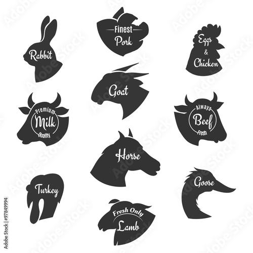 Heads of farm animals icons vector set. Butchery labels or logos collection