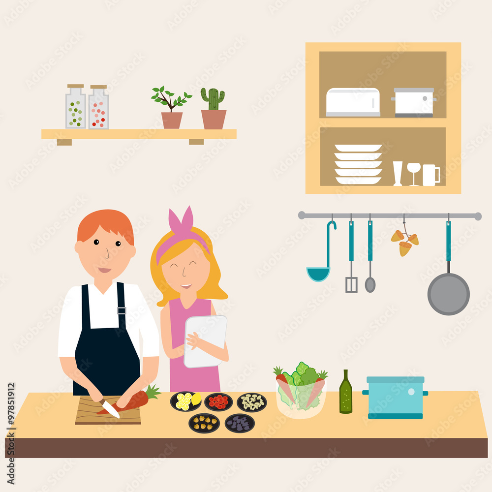 Couple in the kitchen using electronic tablet for cooking.illust Couple in the kitchen using electronic tablet for cooking.illust