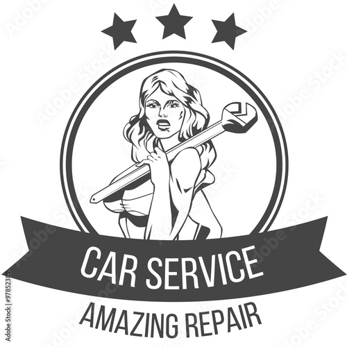 Car service retro vintage badge with sexy woman