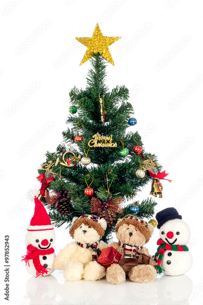 Snow Man bears and Christmas trees on a white background. Snow Man bears and Christmas trees on a white background.