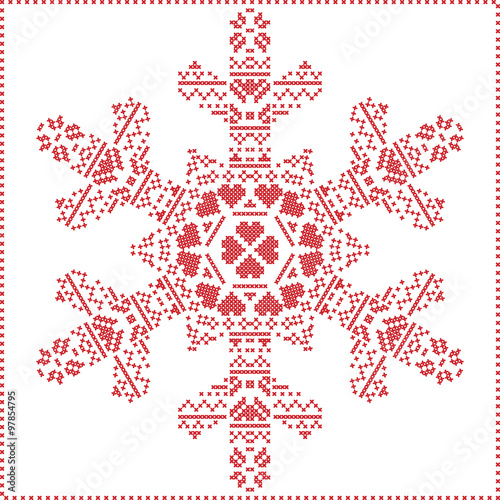 Wallpaper Mural Scandinavian Nordic cross stitching, knitting  christmas pattern in  in  snowflake shape , with cross stitch frame including , snow, hearts, stars, decorative elements in red on white  background
 Torontodigital.ca