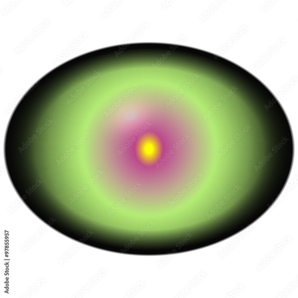 Fish eye. Isolated elliptic eye with cold green pupil and bright yellow retina. Slim iris around pupil, detail view into eye bulb Fish eye. Isolated elliptic eye with cold green pupil and bright yellow retina. Slim iris around pupil, detail view into eye bulb