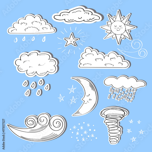Set of doodle weather icons. Sun, moon, star, clouds and wind isolated on blue background. 