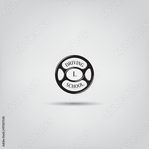 Logo of driving school of driving school. Concept of vector label with the wheel.