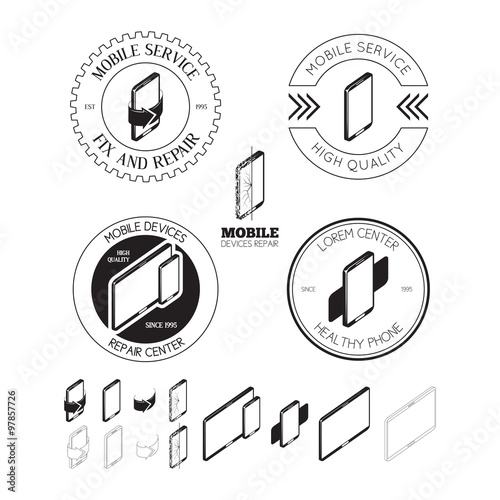 Set of mobile repair service logos, labels, badges and design elements. Set of vector elements for your design.Mobile devices service and repair logo template
