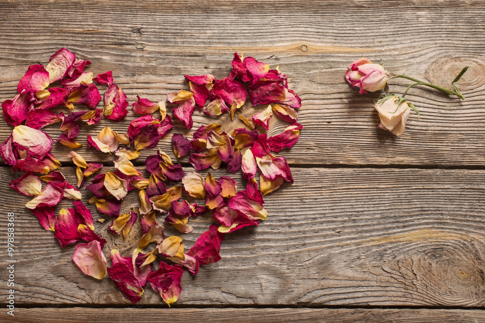 dried rose petals on wooden table dried rose petals on wooden table