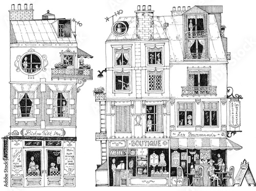 Φωτογραφία simple illustration french city houses shops apartments bistro restaurant small