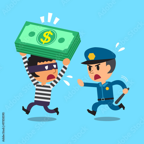 Cartoon security guard policeman and a thief