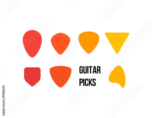 Different Colored Picks - Teardrop, Jazz, Classic, Equilateral Triangle, Pentagon, Large Triangle, Sharkfin - Isolated Illustration