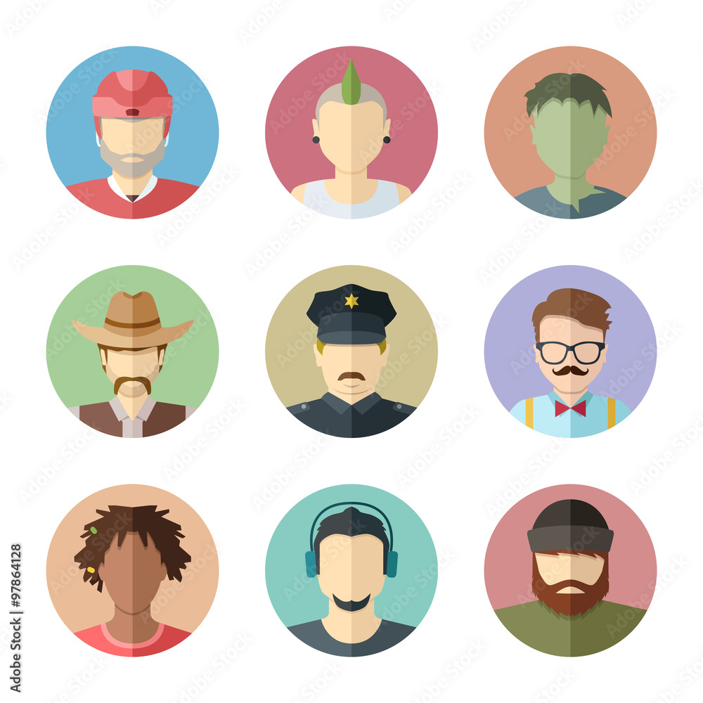 Flat vector characters. Set of male faces. Man avatar collection Flat vector characters. Set of male faces. Man avatar collection
