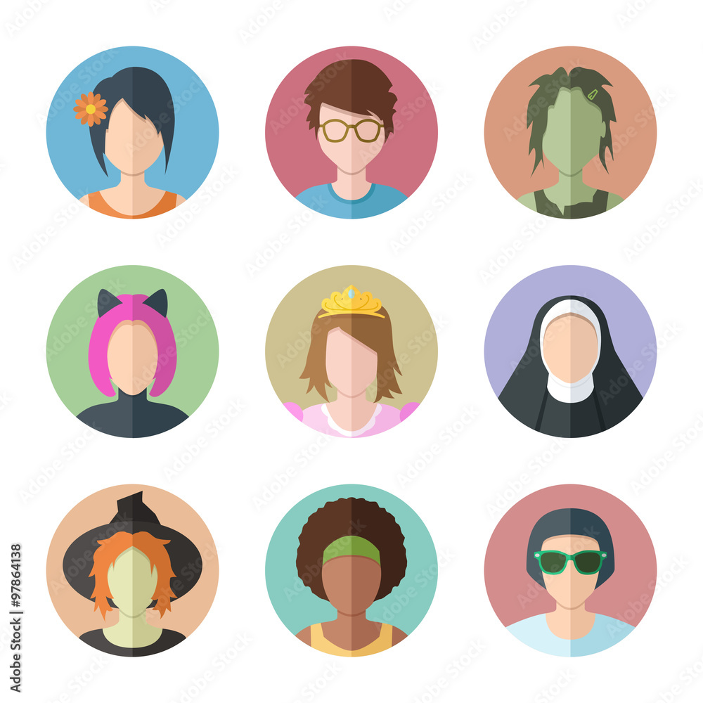 Flat vector characters. Set of female faces. Women avatar collec Flat vector characters. Set of female faces. Women avatar collec