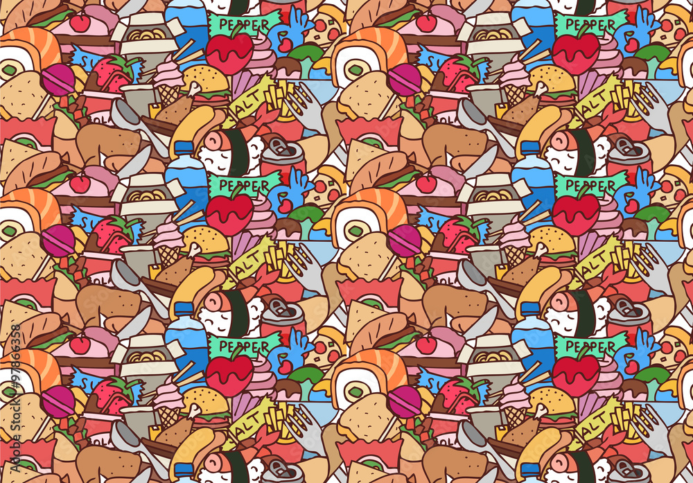 Colorful hand drawn fast food seamless pattern