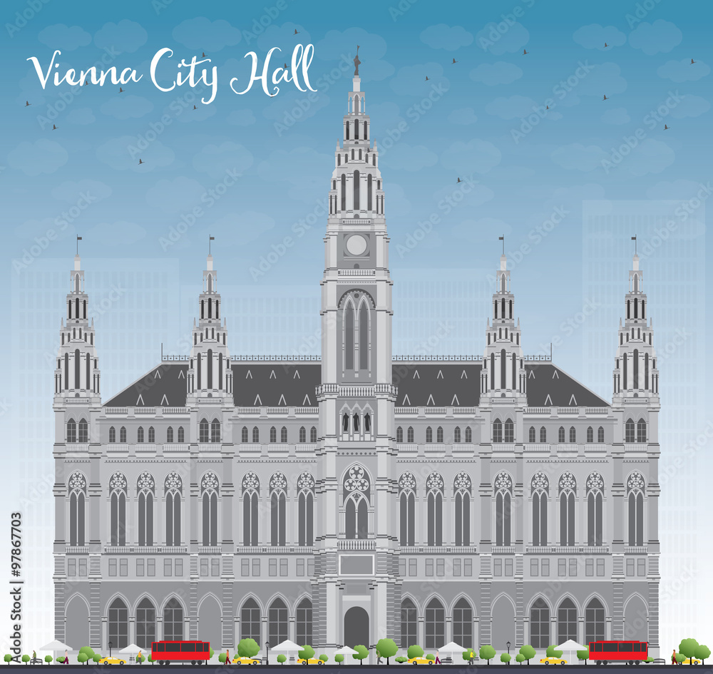 Vienna City Hall in gray color with blue sky. Some elements have transparency mode different from normal.