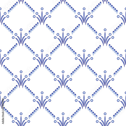 The repeating geometrical pattern in style Gzhel. A lattice with small blue elements. Ethnic background. Vector illustration