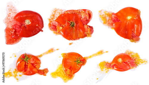 set crushed tomatoes isolated on white background