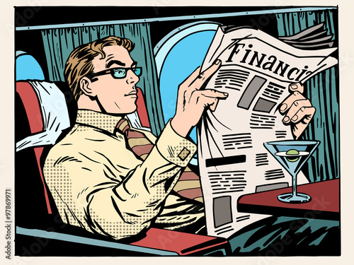 Business class plane businessman reads the press