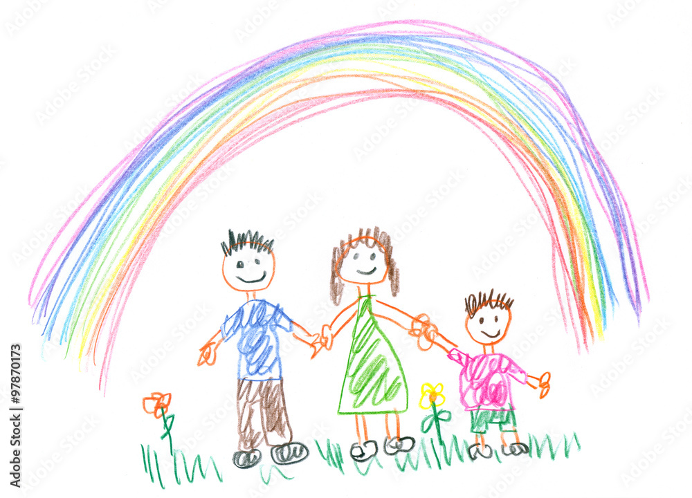 Drawing made by a child, happy family in the spring