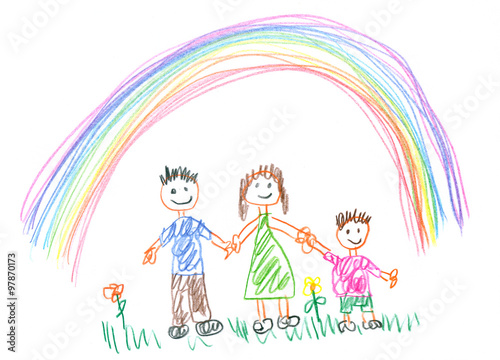 Drawing made by a child, happy family in the spring