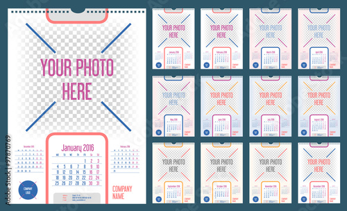 Wall Monthly Calendar for Year 2016. Week starts monday. Vector Template with Space for Photo with effect of the soft blending to background. Portrait Orientation. Set of 12 Months